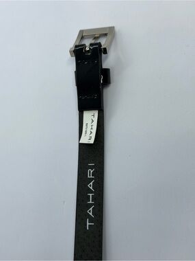 Tahari Black Leather Belt with Silver-Tone Buckle and Logo Strap